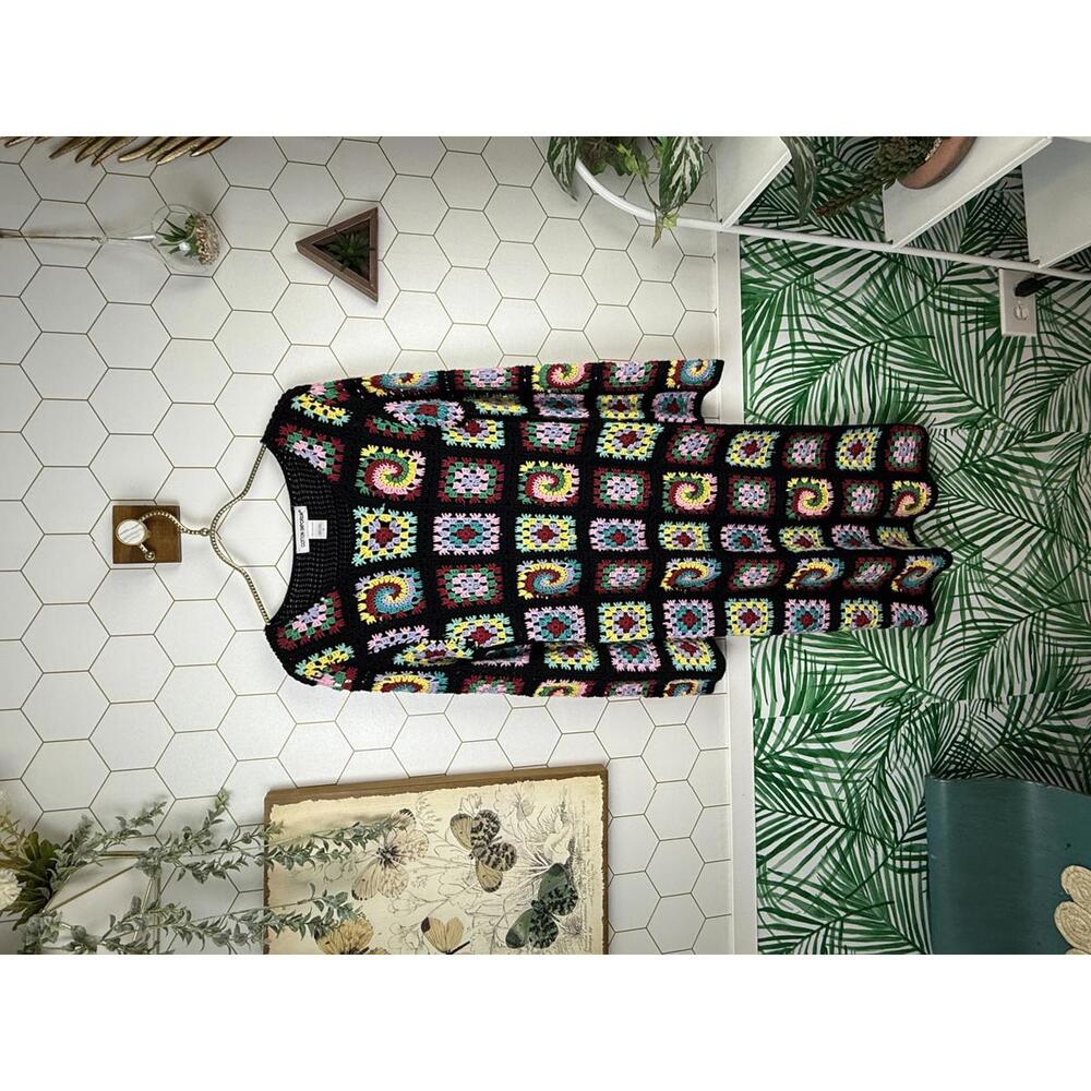 Cotton Emporium Boho Black Crochet Pattern Retro Sweater Dress - Size - Small